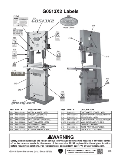 Part Diagram for G0513X2BF