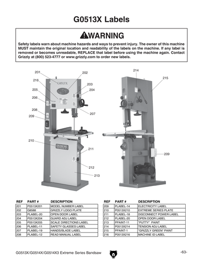 Parts for G0513X 17