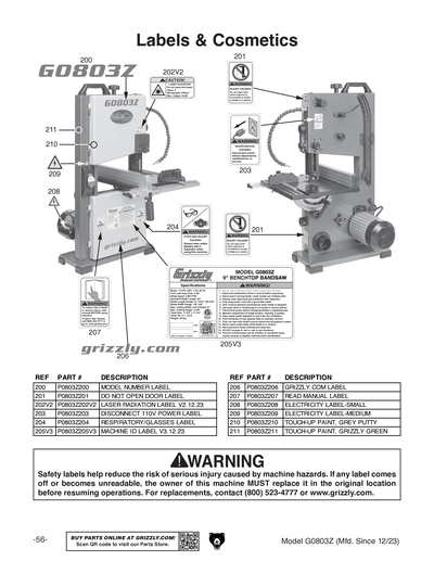 Parts for G0803Z 9