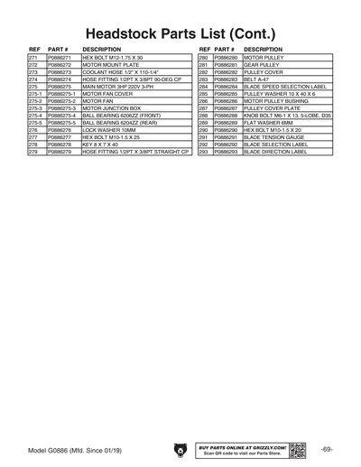 Parts for G0886 12