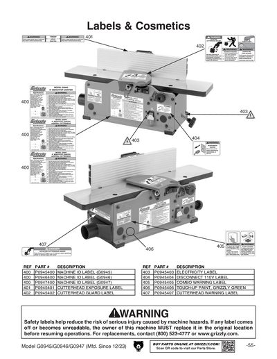 Parts for G0946 6