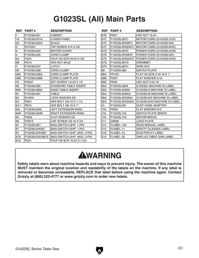 Part Diagram for G1023SLW