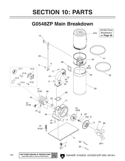 Parts for G1029Z2P 2 HP Dust Collector with Aluminum Impeller
